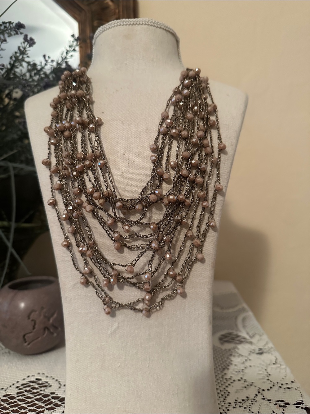 Layered Bead and Chain Necklace in Taupe